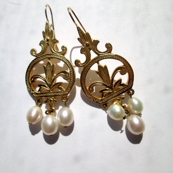⚜️✨ BEN-AMUN Vintage Dangle Drop Fleur de Lys Earrings Gold Tone Pearl Dangles - Picture 4 of 12